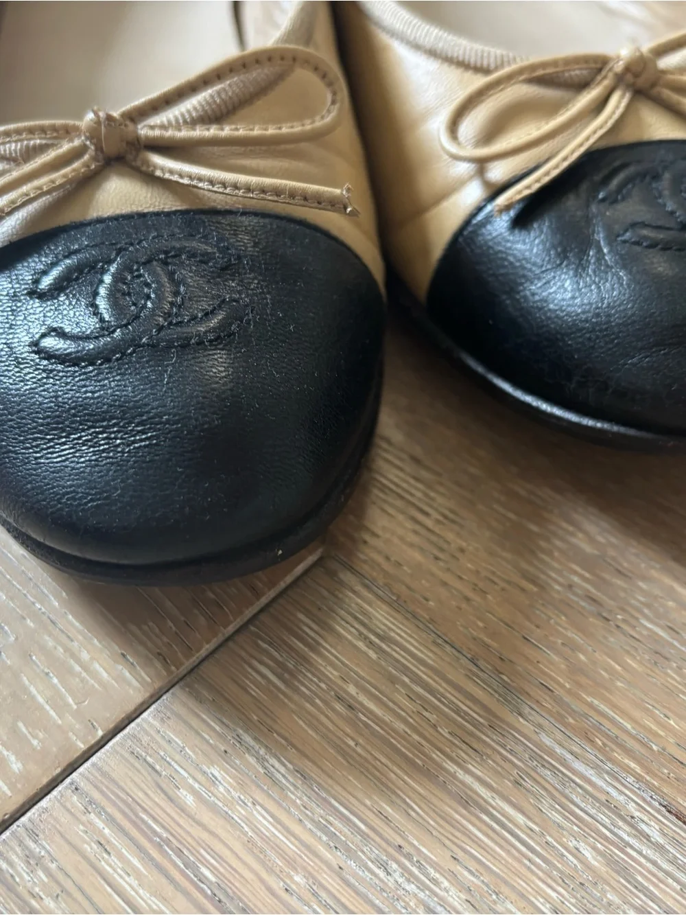 Chanel Two-Tone Beige and Black Cap-Toe Ballet Flats 36